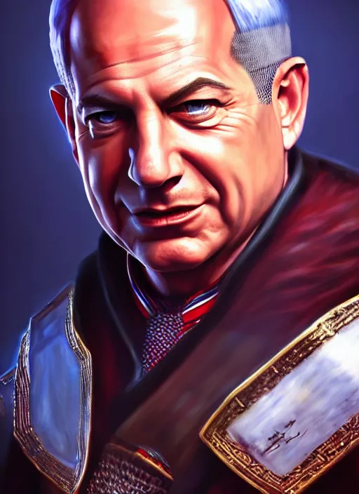 Image similar to A striking epic hyper real comic book style portait painting of Benjamin Netanyahu as a bard, D&D Concept Art, unreal 5, DAZ, Apex legends concept art, hyperrealistic, octane render, cosplay, RPG portrait, dynamic lighting