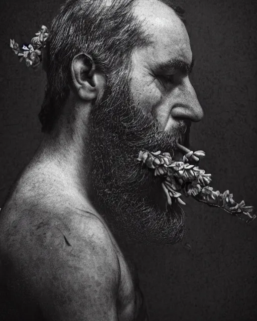 Image similar to a man's face in profile, long beard, flowers and fruit coming out of his mouth, in the style of the Dutch masters and Gregory Crewdson, dark and moody