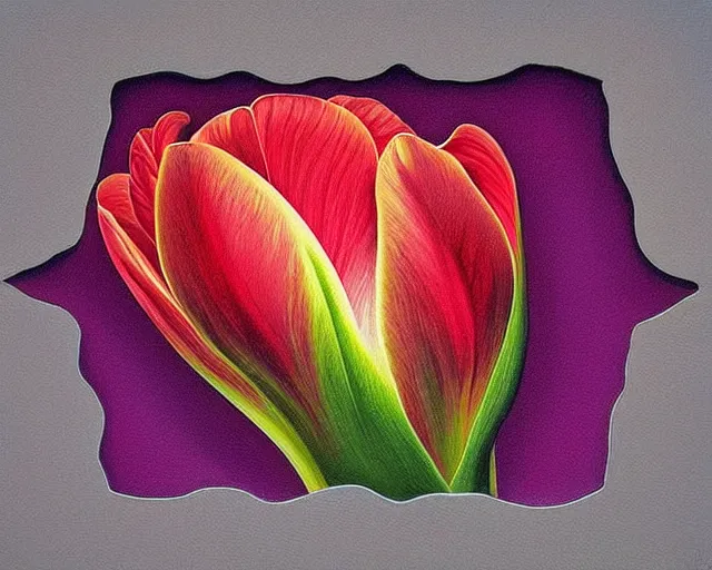 Prompt: rule of thirds intricate inside the tulip extreme closeup on a table, an ultrafine detailed painting by rafal olbinski, behance contest winner, pop surrealism, detailed painting, very detailed, minimalist, skeuomorphic, airbrush art