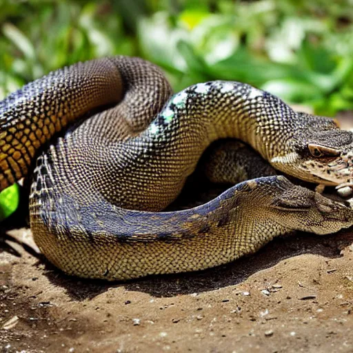 Image similar to rattlesnake and monitor lizard hybrid animal, half rattlesnake and half monitor lizard, real picture taken in zoo