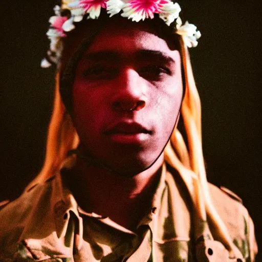 Image similar to close up kodak portra 4 0 0 photograph of a futuristic soldier after the battle standing in dark forestin crowd, flower crown, moody lighting, telephoto, 9 0 s vibe, blurry background, vaporwave colors, faded