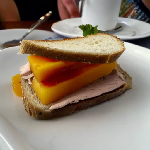 Image similar to sandwich with foie gras and honey and mango, bad, grainy and blurry amateur photo