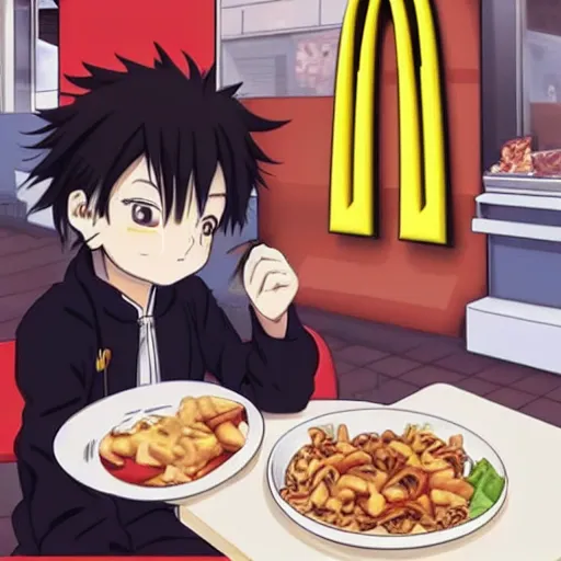 Image similar to Tanjiro Kamado eating at McDonalds; anime