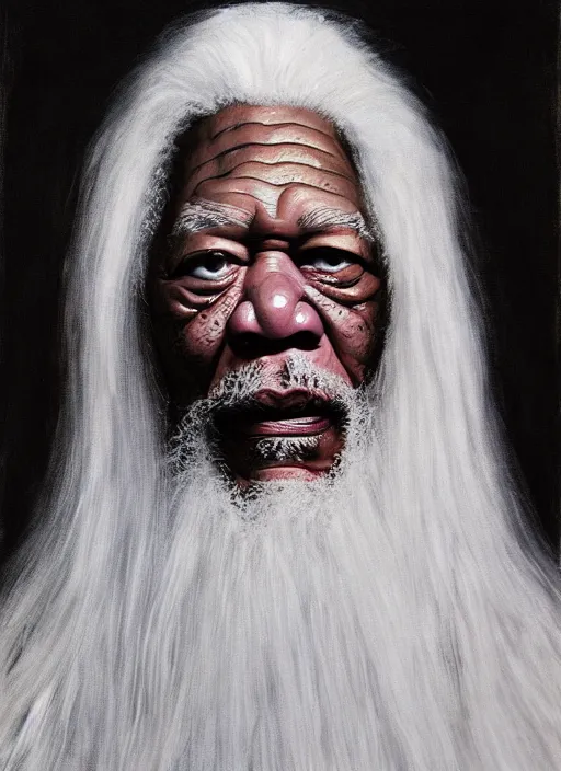 Image similar to medium camera shot of evil morgan freeman as evil wizard saurman the white, long white hair and white beard, beautiful pure white warlock flowing robes, by alan lee, lord of the rings, smooth, oil painting, matte painting, concept art, trending on artstation, promotional artwork, film still, elegant, photorealistic facial features, intricate, detailed face, dramatic lighting
