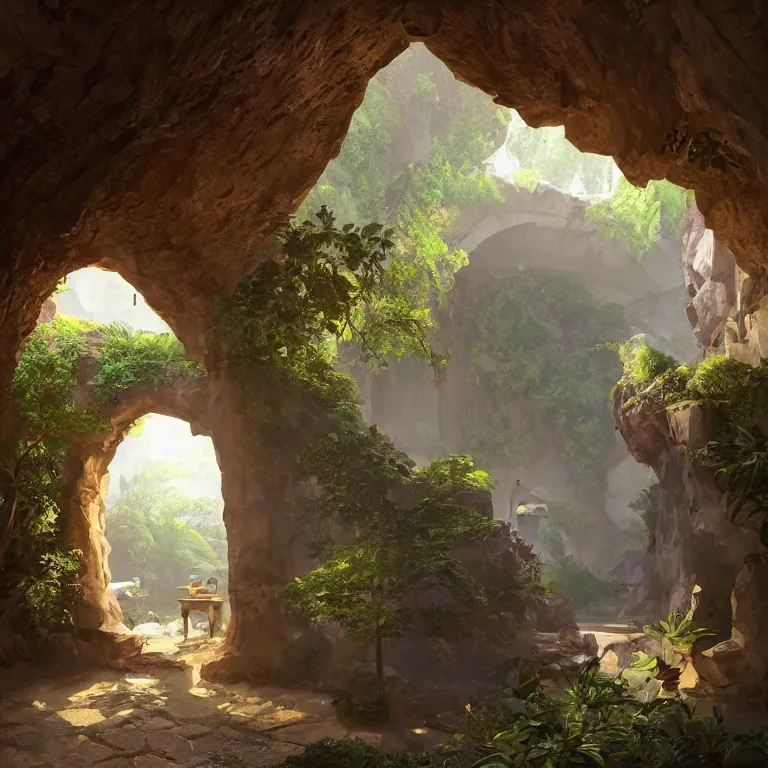 Prompt: secret overwatch arc hallway for living quarters carved inside a cave surrounding a lush garden, trimmed, magical, natural light, clean lines, cozy, fantasy, minimalist architecture, sharp focus, concept art, by greg rutkowski and craig mullins,, octane render 8 k