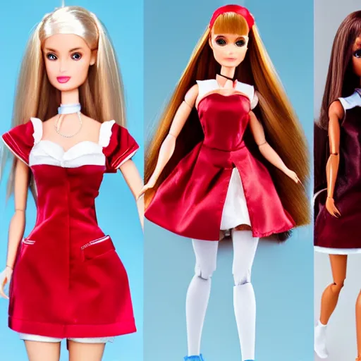 Image similar to anime barbie doll, 5 dolls, doctor suit, playboy, leather, in red velvet stockings, a nurse's dress, full length, heels on her feet