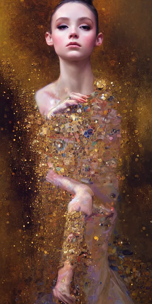 Image similar to an intricate portrait painting of an artistic pose young beautiful ballerina, klimt golden motives and textures, hyper - detailed, octane render, vivid colors, artstation, by jeremy mann, by gustav klimt