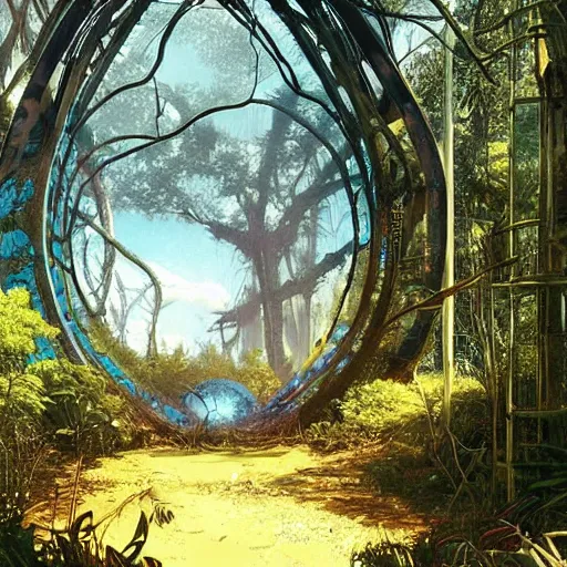 Image similar to overgrown derelict portal in a middle of a futuristic forest, world seen only through a portal, daylight, cinematic lighting, blue sky, syd mead, john harris