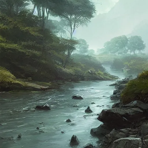 Image similar to a beautiful landscape, river, rocks, trees, by greg rutkowski