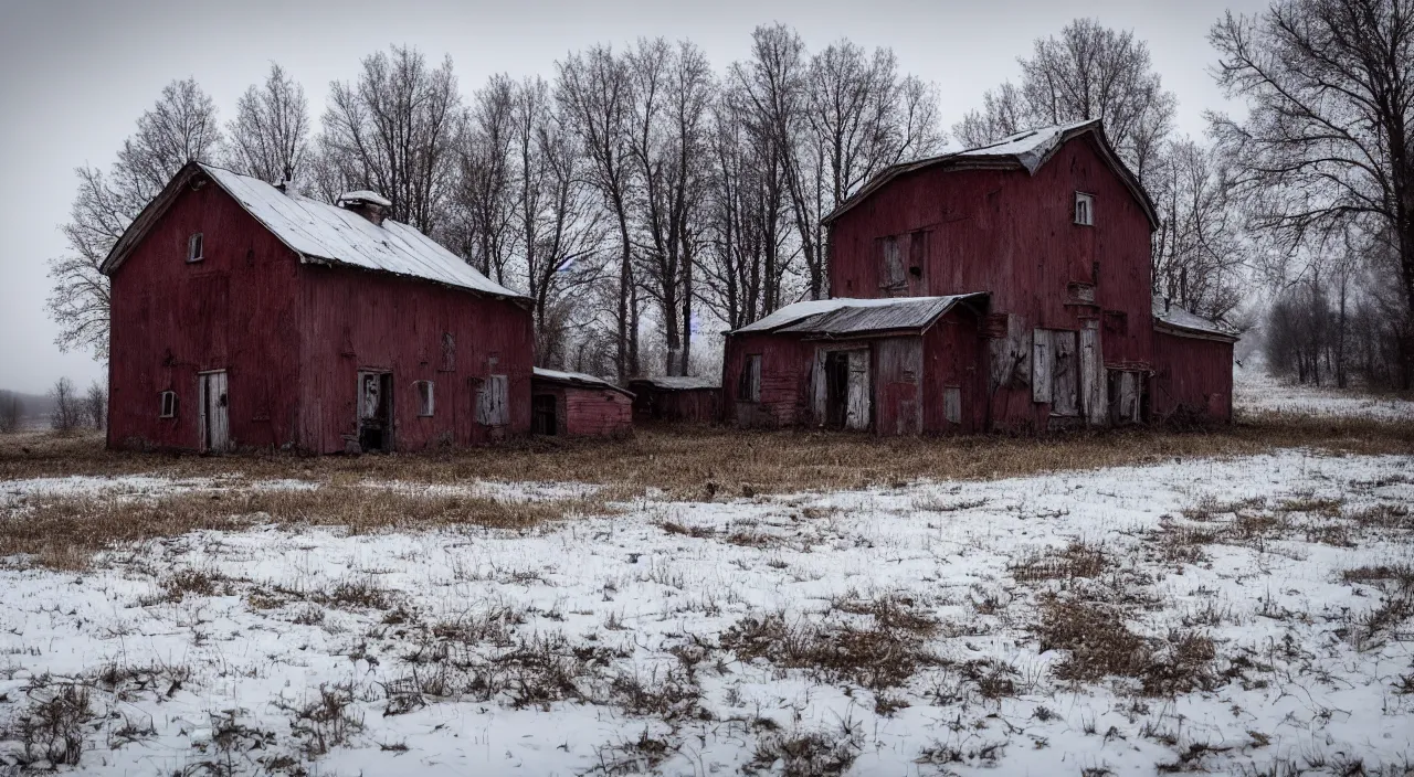 Image similar to russian house, farm, abandoned, lifeless, winter, mud, atmospheric, mystical, very detailed 4 k