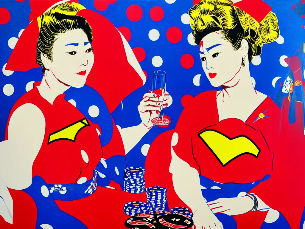 Prompt: hyperrealism composition of the detailed woman in a japanese kimono sitting at a poker table with superman, fireworks on the background, pop - art style, andy warhol style, acrylic on canvas