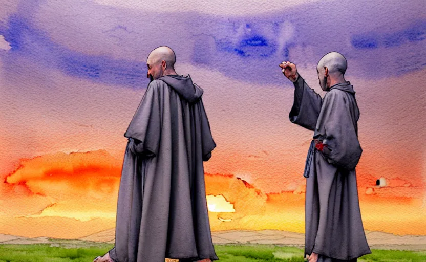 Prompt: a hyperrealist watercolor concept art of a medieval monk in grey robes with an orange sunset sky. a window to a different world is in the background showing a bright blue sky. very muted colors, by rebecca guay, michael kaluta, charles vess. high detail, hq, wide shot, 4 k