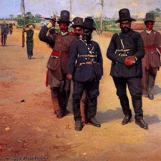 Prompt: british colonial officers in Lagos, 1905, bright colours highly detailed, oil on canvas, by Ilya Repin