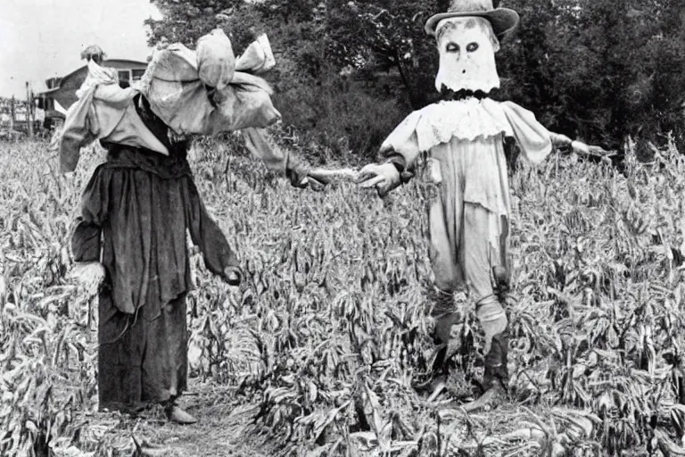 Image similar to disturbing scarecrow from the early 1 9 0 0's leading children into the cornfields