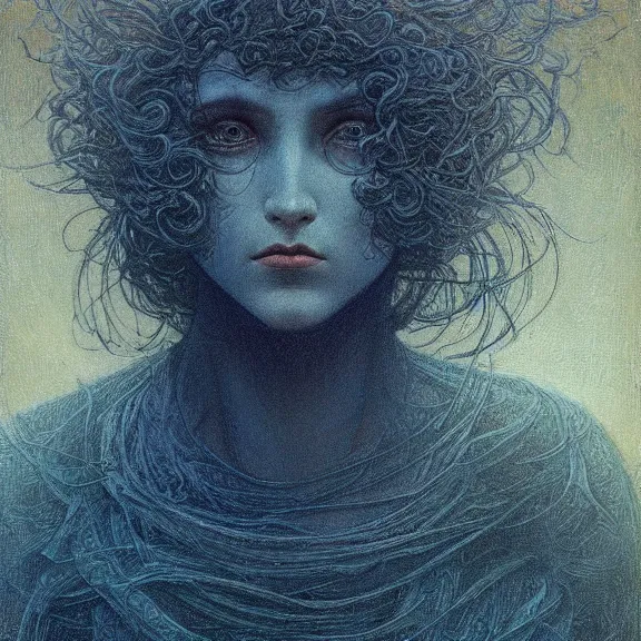 Image similar to a highly detailed portrait in the style of jean delville and in the style of gerald brom.