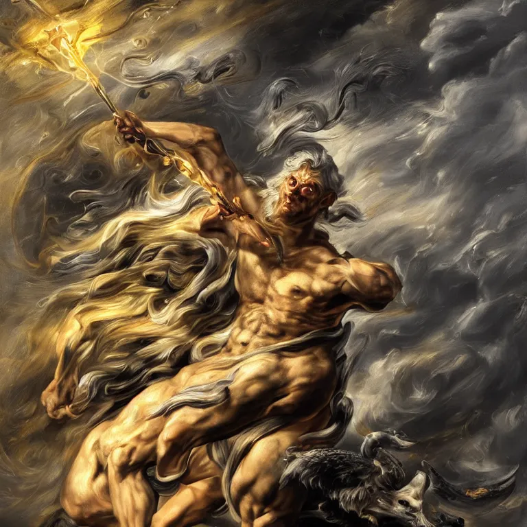 Image similar to mythological Odin all father god of thunder and artificial intelligence creating an artificial neural network with dark yellow synapses on an anvil, high resolution, award winning art, trending on art station, sharp image, incredibly detailed, odin all father detailed character realistic painting, painting by peter paul rubens