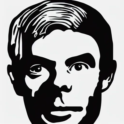 Prompt: individual handsome alan turing silk screen butcher billy style