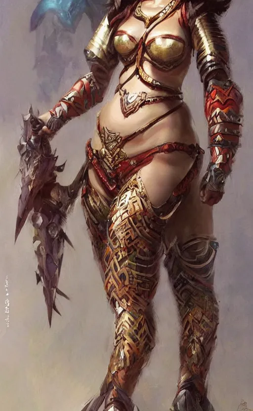 Prompt: curvy asian tribal armor girl by daniel gerhartz, trending on art station
