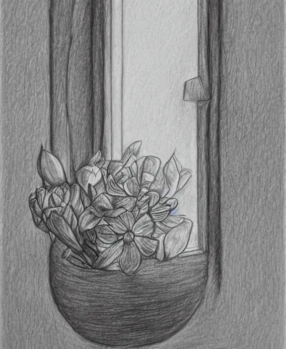 Image similar to a pencil drawing of a flower in a clay pot on a window sill. by pen tacular