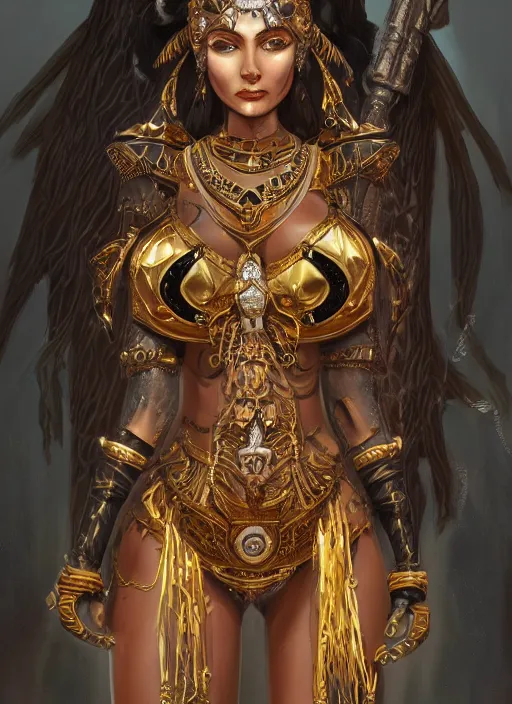 Image similar to a highly detailed illustration of tanned goddess ereshkigal wearing gold and black dress with skull jewelry, intricate, elegant, highly detailed, centered, digital painting, artstation, concept art, smooth, sharp focus, league of legends concept art, wlop