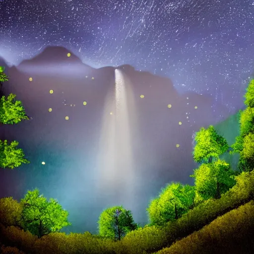 Prompt: professional photograph of a forest of trees. little specs of fireflies and a river in between leading to a water fall, photo realism, perfect lighting