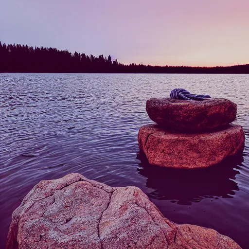 Image similar to cinematic wide shot of a lake with rope floating in the middle, a rocky foreground, sunset, a bundle of rope is in the center of the lake, eerie vibe, leica, 2 4 mm lens, 3 5 mm kodak film, f / 2 2, anamorphic