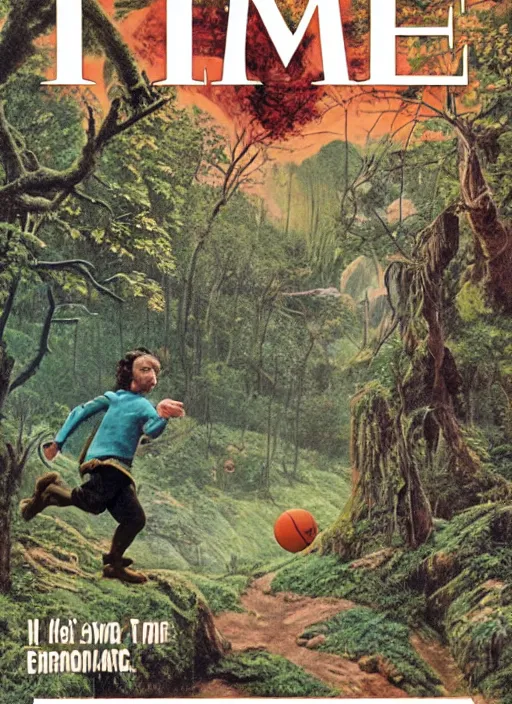 Prompt: a hobbit wearing hiking boots and teal gloves playing basketball in a forest, cover of time magazine, by bonestell chesley
