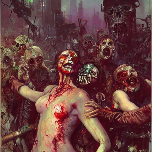 Image similar to riot of the cyberpunk zombies by bourguereau, mucha and beksinski, hyper real