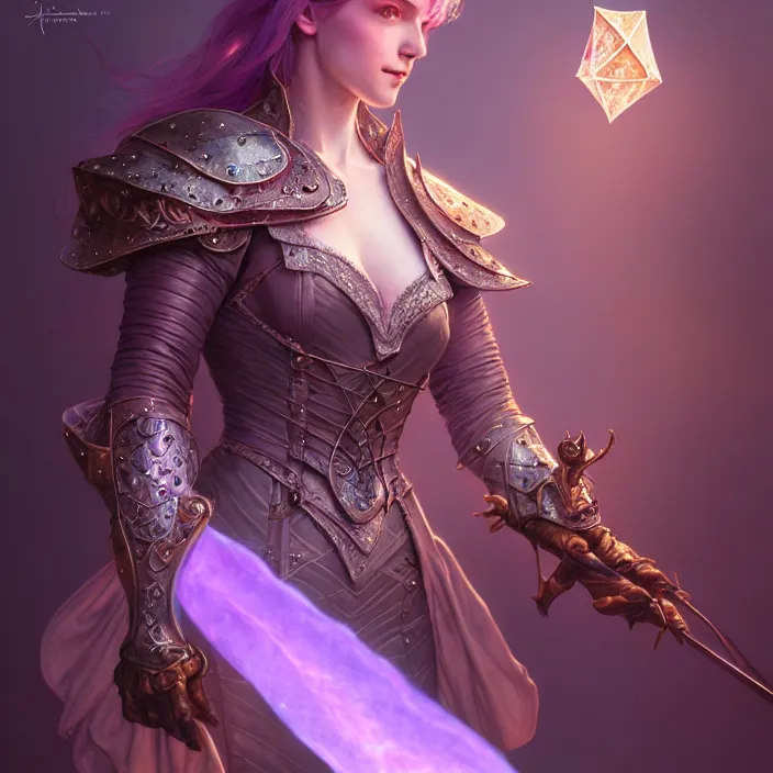 Image similar to d & d bard with her lilac leather armor, volumetric lighting, fantasy, intricate, elegant, highly detailed, lifelike, photorealistic, digital painting, artstation, fox ears illustration, concept art, sharp focus, by john collier and albert aublet and krenz cushart and artem demura and alphonse mucha