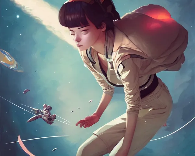 Prompt: young woman flying in space sharp focus, illustration, highly detailed, concept art, matte, trending on artstation, anime, art by james jean and artgerm and brian despain and alberto mielgo, greg rutkowski, wlop, ilya kuvshinov, strong strokes