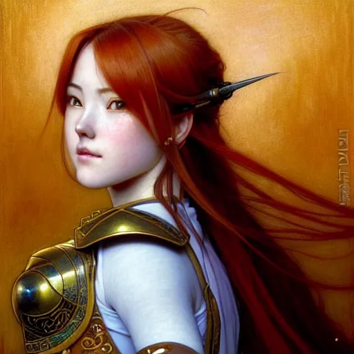 Image similar to Masterpiece head and shoulders portrait of Asuna Yuuki, young woman with orange hair wearing a partial paladin armor with a red skirt and white top, face, fantasy, intricate, elegant, highly detailed drawn by Donato Giancola and Tom Bagshaw, face by Artgerm and Edmund Leighton, Alphonse Mucha, background by James Jean and Gustav Klimt, 4k, porcelain skin, komorebi, french nouveau, trending on pixiv, octane render, hyperrealistic