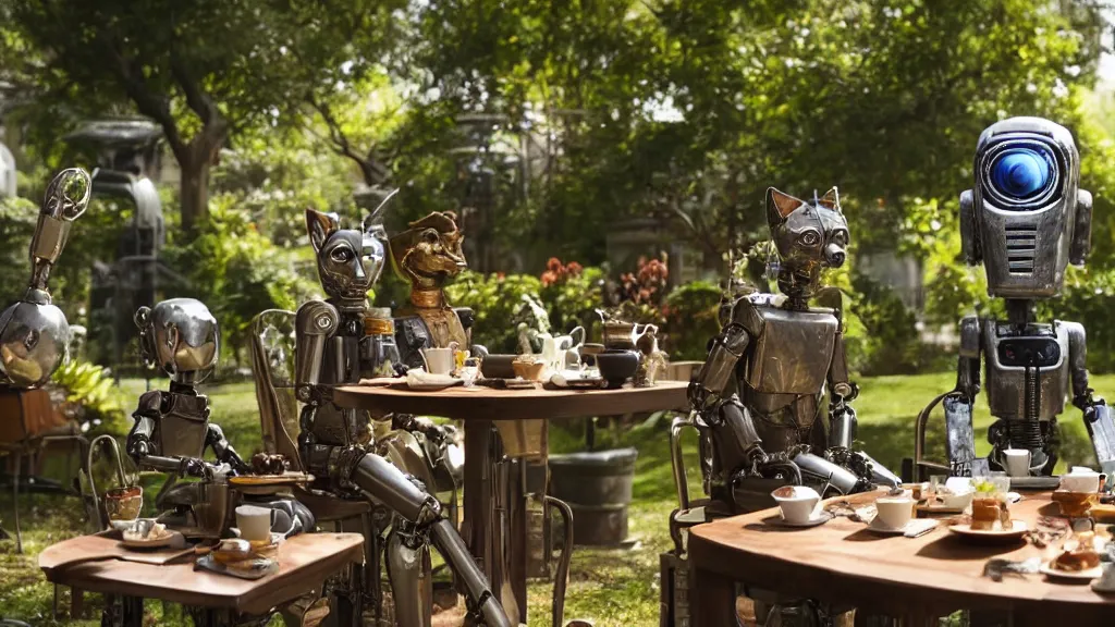 Image similar to film still from the movie chappie of the robot chappie shiny metal outdoor park plants garden scene bokeh depth of field several figures sitting down at a table having a delicious grand victorian tea party crumpets furry anthro anthropomorphic stylized cat ears wolf muzzle head android service droid robot machine fursona