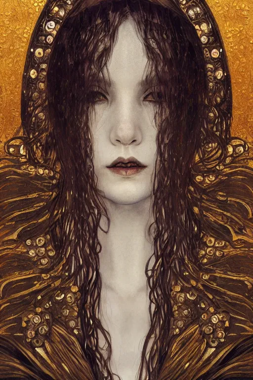 Image similar to portrait of beautiful young gothic angelic maiden, cyberpunk, highly detailed, artstation, illustration, art by Gustav Klimt