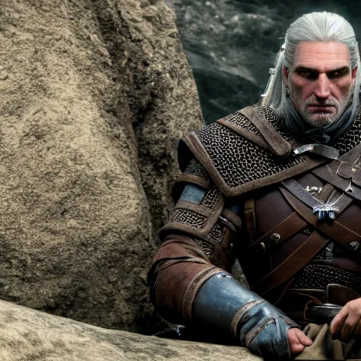 Image similar to film still of of geralt from the witcher, sitting on a rock deep in thought, his arm bent and chin resting on his wrist