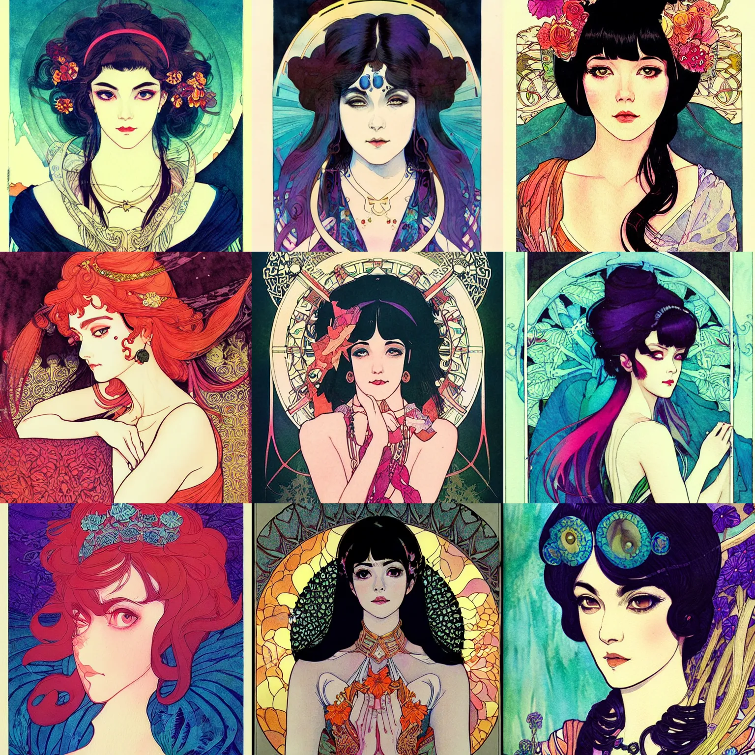 Prompt: kali. beautiful, realistic portrait illustration by mucha and kuvshinov and bilibin. synthwave watercolor, thick linings, manga