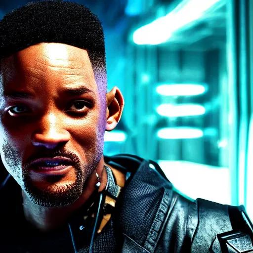 Prompt: epic portrait of cyberpunk Will Smith, Epic Background, highly detailed, sharp focus, cyberpunk style, cyborg, futuristic, 8k, 35mm, cinematic lighting