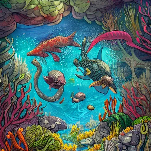 Image similar to underwater scene, d & d style, trending on artstation, colorful, intricate, art by aurore folny