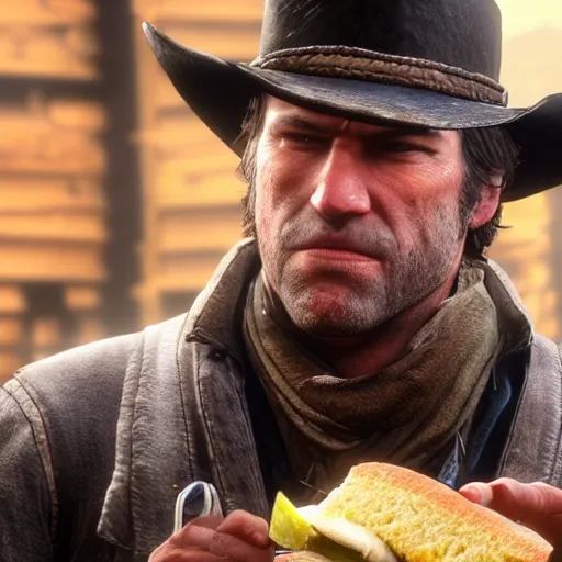 Image similar to arthur morgan from red dead redemption 2 eating a sandwich photo - realistic