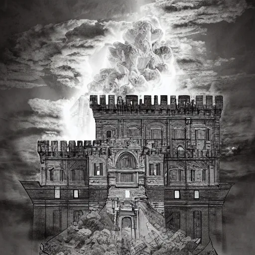 Image similar to A beautiful collage of a castle in the clouds. taupe, high-key lighting by Giovanni Battista Piranesi, by Stuart Immonen unnerving