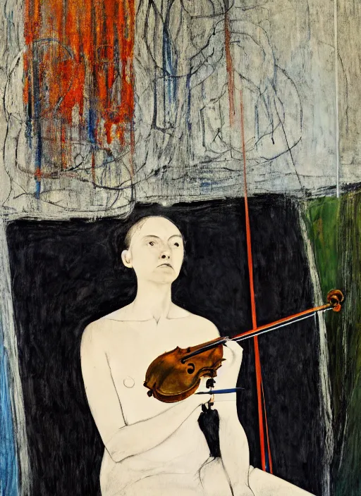 Image similar to violinist thinking of her performance sitting on a stool in a landscape by vincent lefevre and hernan bas and pat steir and hilma af klint, psychological, photorealistic, symmetrical face, dripping paint, washy brush, threads, rendered in octane, altermodern, masterpiece