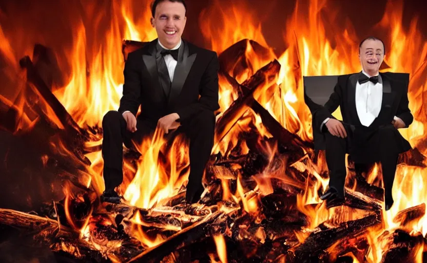 Prompt: one!! man wearing a tuxedo sitting in the middle of a bonfire, no eyes