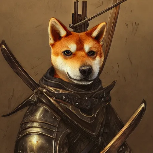 Image similar to anthropomorphic shiba inu, holding medieval crossbow, medieval armor, dark aura, fantasy, dark graveyard scene, portrait art by donato giancola and greg rutkowski, realistic face, digital art, trending on artstation, symmetry