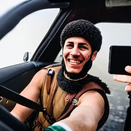 Image similar to a roman soldier taking a selfie inside of a car.