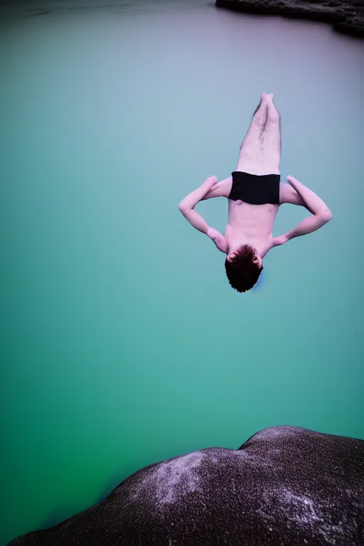 Prompt: high quality pastel coloured film mid angle docu photograph of a beautiful young 2 0 year old male, soft features, short black hair, falling, jumping in an icelandic black rock pool environment. atmospheric. three point light. photographic. art directed. ( pastel colours ). volumetric light. clearcoat. waves glitch. 8 k. filmic.