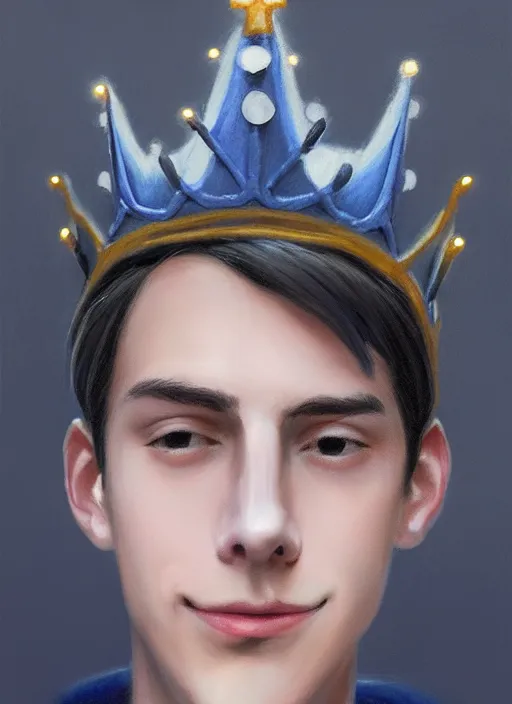 Image similar to portrait of teenage jughead jones wearing a light grey crown, crown, blue turtleneck, closed eyes, eyes closed, smile, crown, black hair, intricate, elegant, glowing lights, warm lighting, highly detailed, digital painting, artstation, concept art, smooth, sharp focus, illustration, art by wlop, mars ravelo and greg rutkowski