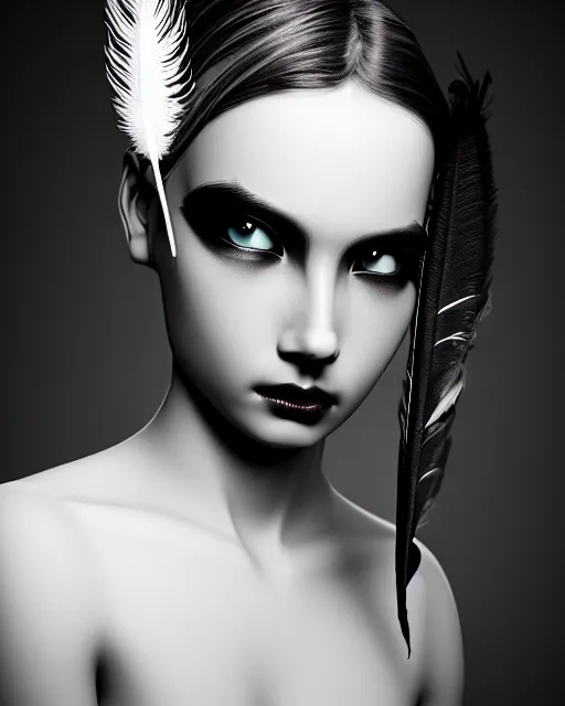 Image similar to surreal mythical dreamy dark artistic black and white fine art 3 / 4 portrait photo of a young delicate mutant female - orchid - bird - cyborg with feather hair, rim light, cinematic, studio dramatic light, poetic, octane render, 8 k, photo - realistic