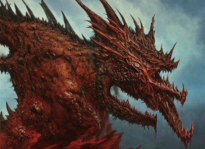 Image similar to dragon concept, dragon body, dragon head, monster hunter monster, brent hollowell, beksinski