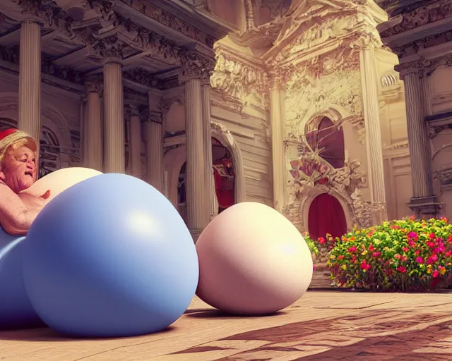 Image similar to of a very beautiful scene. ambient occlusion render. a sweet fat old woman is giving birth a beautiful colorful huge egg. hyper realistic. 4 k. wide angle. baroque style. symmetrical face, red mouth, blue eyes. deep focus, lovely scene. ambient occlusion render. concept art. unreal engine.