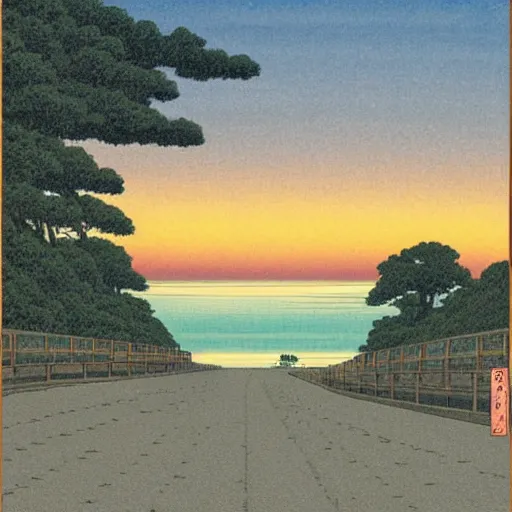 Image similar to A road by the sea, as the sun sets on the horizon, in the style of kawase hasui