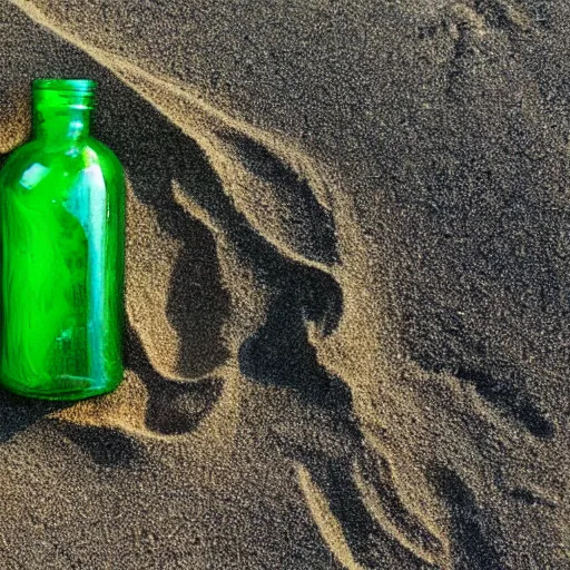 Prompt: green glass bottle half buried in sand